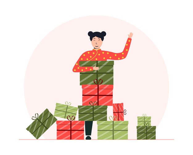 Feiertagsillustration mit einem japanischen mädchen, das die geschenkbox hält illustration für online-shop