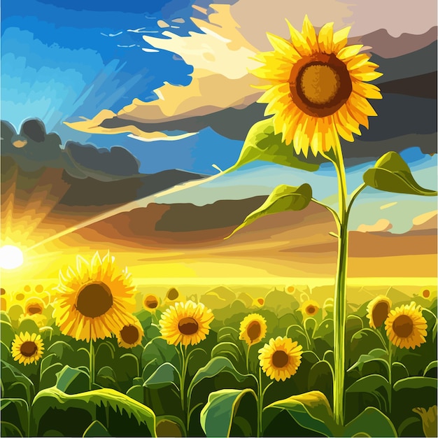 Feldsonnenblumen im sommer vor blauem himmel mit wolken und strahlen sonnenkonzept einer natürlichen sonnenblume