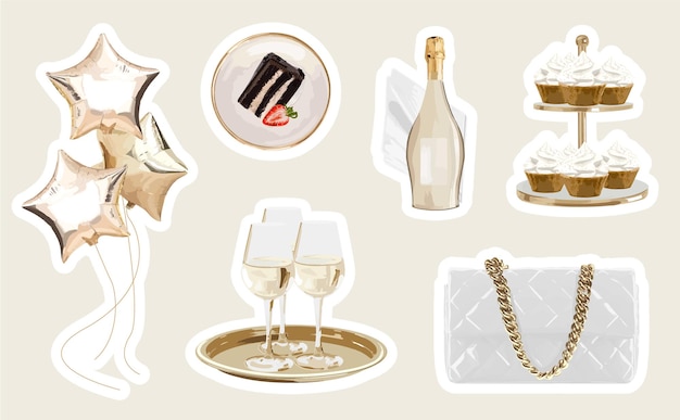 Vektor feminine partysticker set mit ballons champagner cupcakes und modernen objekten