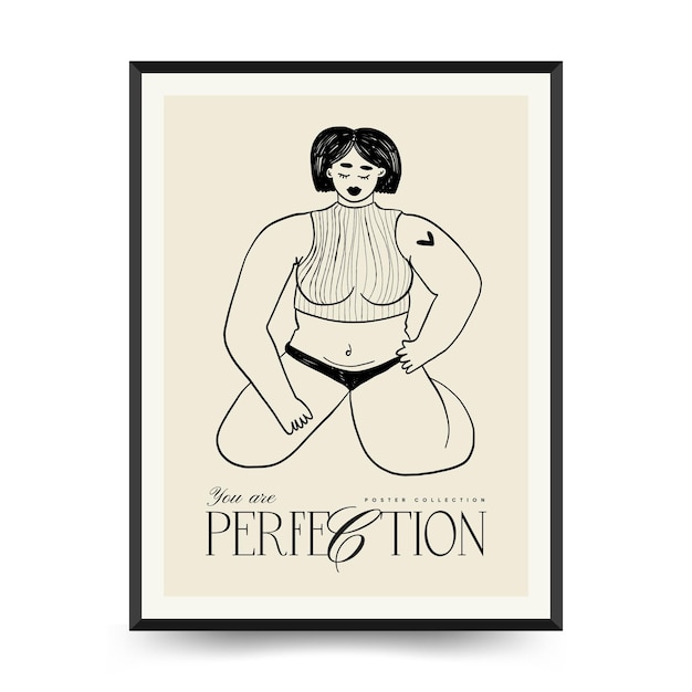Feminismus body positive poster vorlage, wandkunst mit minimalistischer weiblicher figur, liebe zur eigenen figur