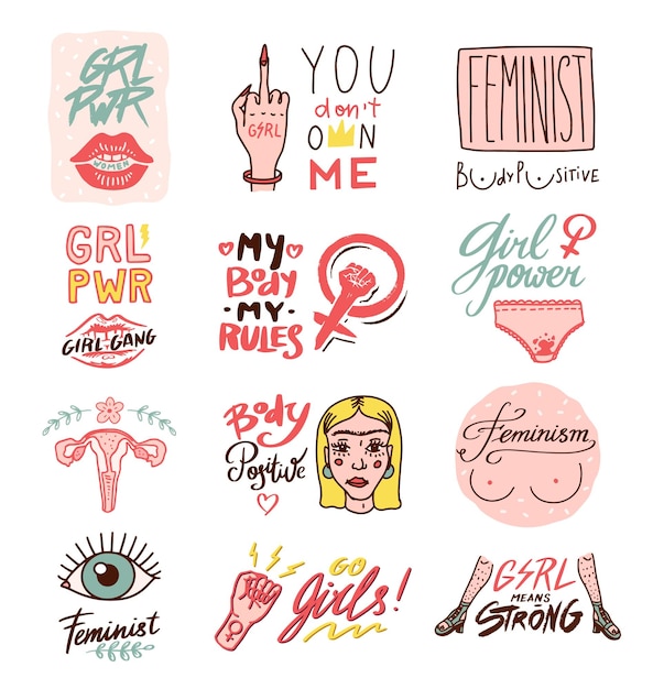 Feminismus-slogan im vintage-stil, frauenpower und körperpositives konzept, motivierendes zitat, frauenrechte, schriftsatz, aufkleber für poster und karten, doodle-symbol, handgezeichnete skizze