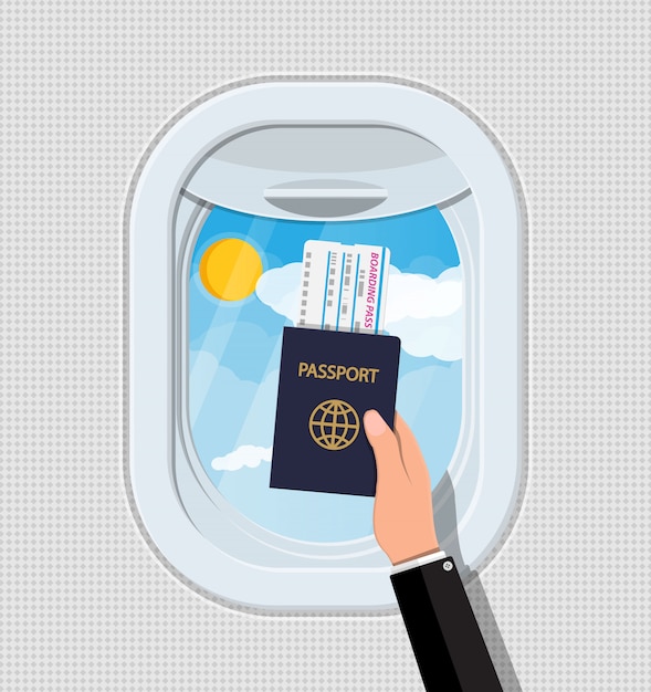 Fenster aus dem flugzeug. hand mit pass und ticket. bullauge für flugzeuge. bullauge für flugzeuge. himmel, sonne und wolken. flugreise oder urlaub. vektorillustration im flachen stil