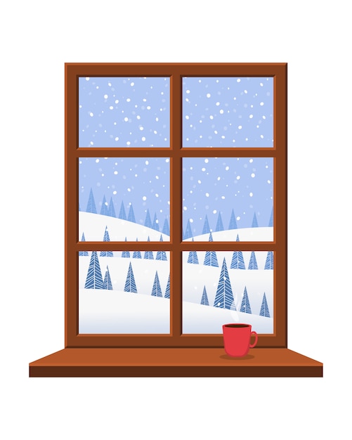 Fenster mit fensterbrett und braunem rahmen mit blick auf die schöne winterlandschaft.