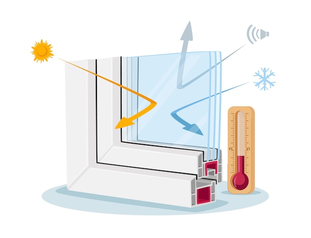 Vektor fenster-pvc-profilquerschnittsansicht, infografiken mit moderner technologie, kunststoffglas, das kälte und wärme reflektiert