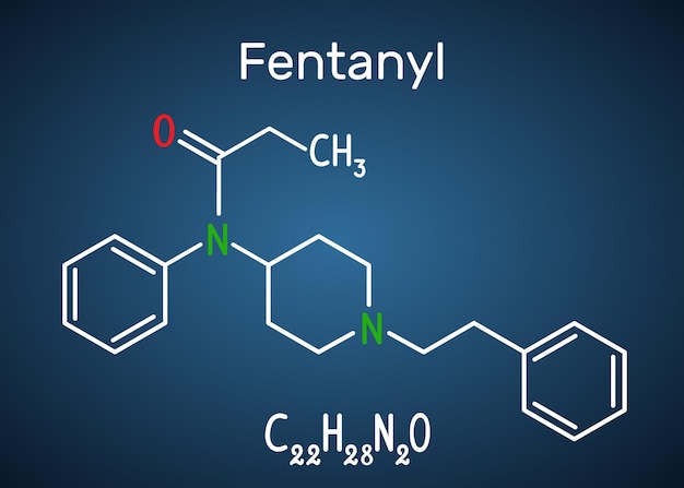 Fentanylmolekül Strukturchemische Formel und Molekülmodell auf dem dunkelblauen Hintergrund