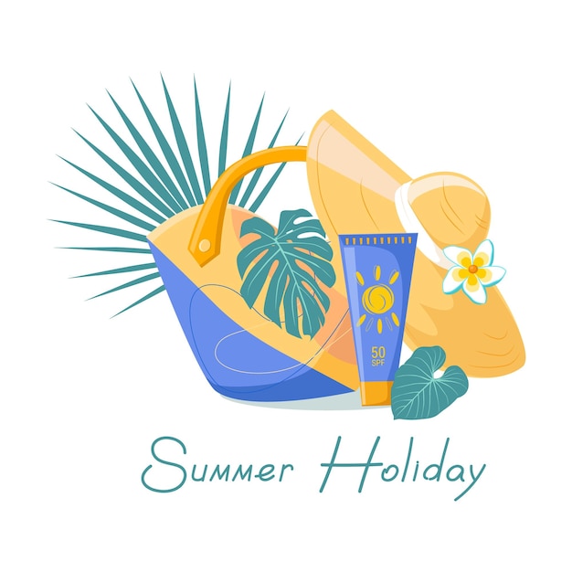 Vektor ferienbanner mit sommersachen, handgezeichneter illustration, isoliert auf weißem hintergrund