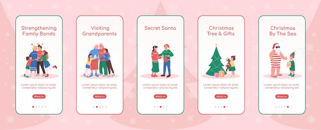 Ferienzeit onboarding mobile app bildschirm flache vorlage weihnachten auf dem seeweg walkthrough website schritte mit zeichen ux ui gui smartphone cartoon-schnittstelle falldrucke gesetzt