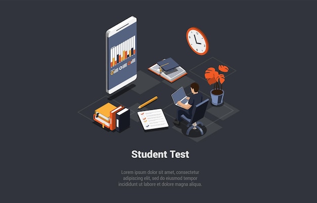 Fern-Online-E-Learning-Student am Schreibtisch vor einem riesigen Smartphone-Pass Ein Prüfungsjunge, der an einem Fernkurs lernt oder sich online trifft, mit einer isometrischen 3D-Vektorillustration einer Telefonkonferenz