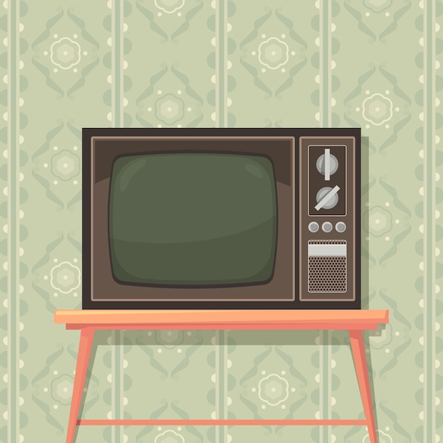 Vektor fernseher auf dem tisch retro-hintergrund mit altem fernseher für unterhaltungskommunikationsmedien zeigen übersetzung grelles vektorposter
