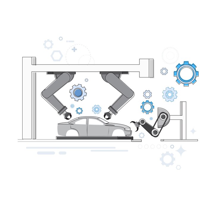 Vektor fertigungsroboter-industrielle automatisierungs-produktions-netz-fahnen-vektor-illustration