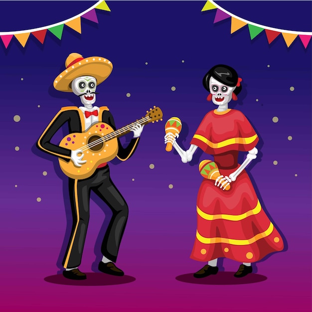 Fest des todes mit paar spielen musikinstrument gitarre und maracas. mexiko festival vektor