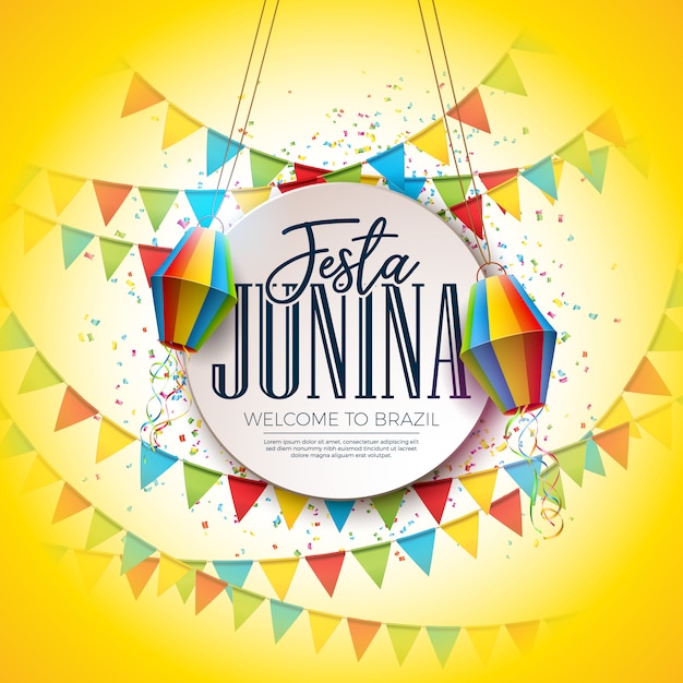 Festa junina festival design mit partyflaggen und papierlaterne