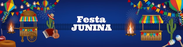 Festa junina hintergrund mit bunten laternen, wimpeln und ständen, brasilianisches juni-festbanner