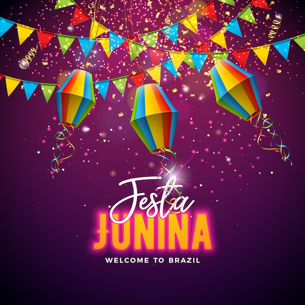 Festa junina illustration mit flaggen und papierlaterne