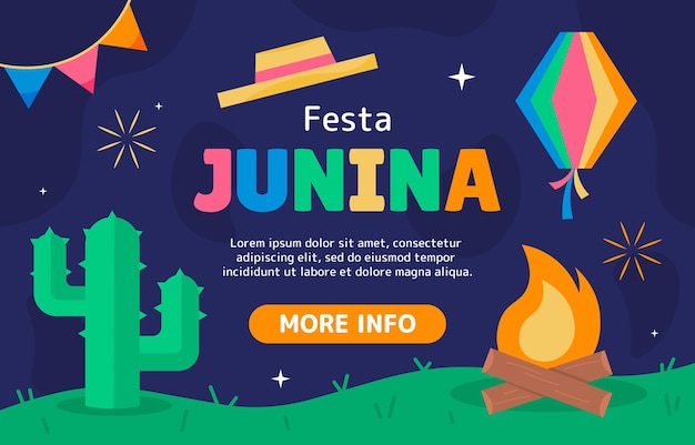 Festa junina poster kaktus in der nähe des lagerfeuers bunter drachen und sombrero landing page design traditionell