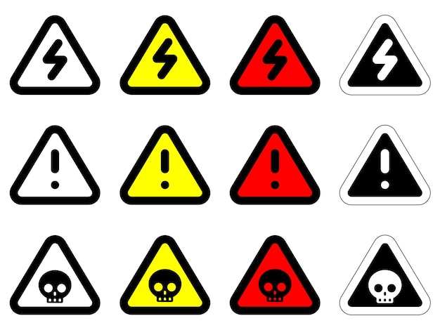 Vektor festgelegte farben gefahr dreieck schädel elektrische spannung warnung warnzeichen vorsicht gefahr verkehrs-symbol