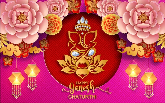 Festival von ganesh chaturthi mit golden glänzendem lord ganesha gemustert und kristallen auf papierfarbe hintergrund.