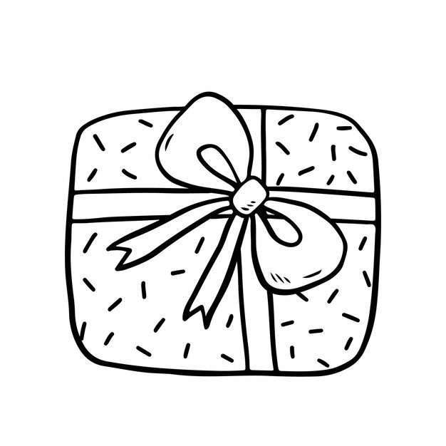 Festlich verpacktes Geschenk mit Schleife isoliert auf Weiß Handgezeichnete Illustration im Doodle-Stil