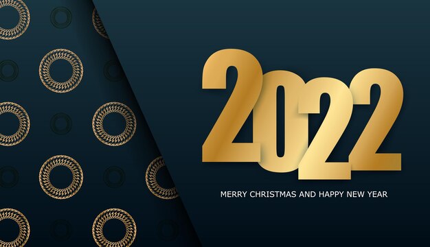 Festliche broschüre 2022 frohe weihnachten und ein glückliches neues jahr dunkelblaue farbe mit vintage-goldverzierung