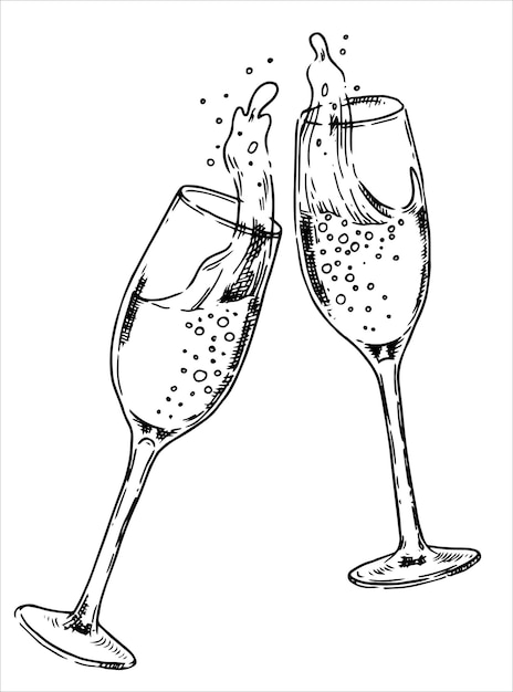festliche Champagnergläser mit Spritzen Vektorillustration im Skizzenstil