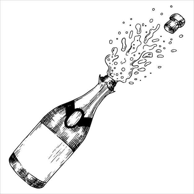 festliche Flasche Champagner mit Spritzen Vektor-Illustration im Skizzen-Stil