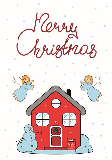 Festliche Karte mit einem roten Haus und zwei Engeln mit der Aufschrift Frohe Weihnachten