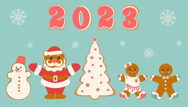Festliche Kekse in Form eines Schneemanns Santa Weihnachtsbaum und Lebkuchenmänner Frohe WeihnachtsdekorationNeujahrs- und Weihnachtsfeier