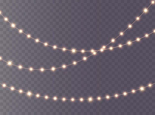 Festliche weihnachtslicht-goldgirlanden png. dekorelement für postkarten, einladungen, hintergründe.