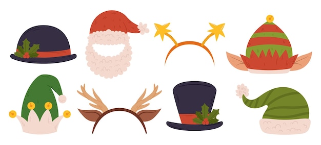 Festliche weihnachtsmützen, rote mütze des weihnachtsmanns mit bartschale und zylindersternen, rentiergeweih und elfenmütze mit ohren für feiertagsstimmung und feiern. lustige bunte hüte, cartoon-vektorillustration