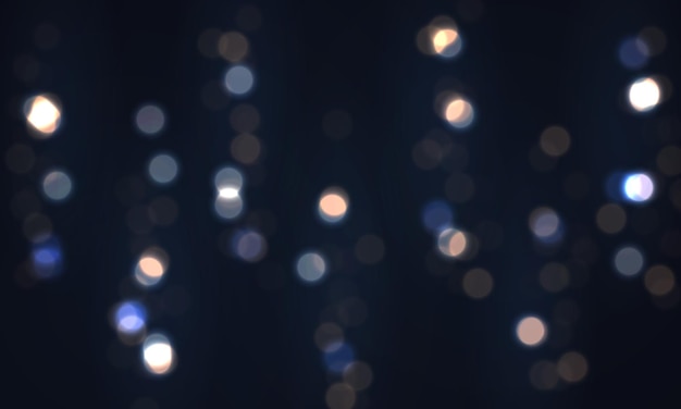 Festlicher blauer leuchtender Hintergrund mit bunten Lichtern, die Bokeh grellen, fliegenden glühenden Partikelstaub