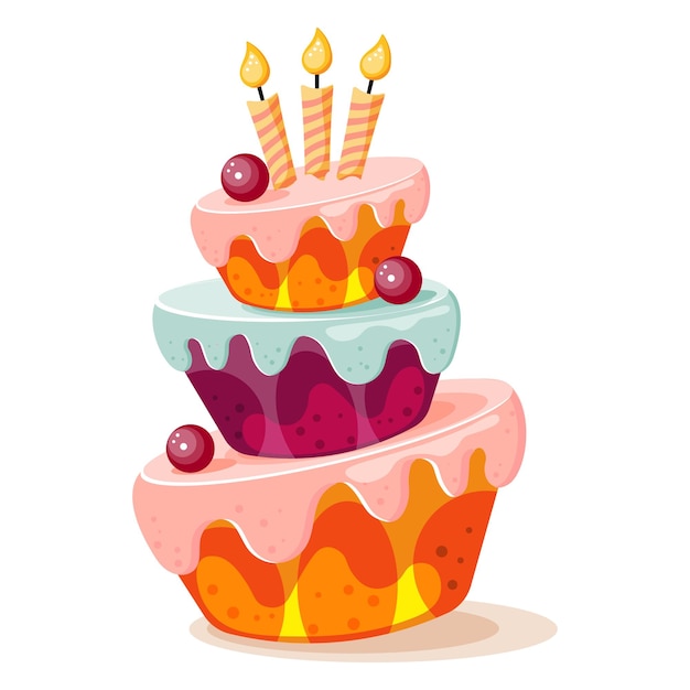 Festlicher dreischichtiger kuchen mit kerzen, beeren und sahne. illustration, clipart, vektor