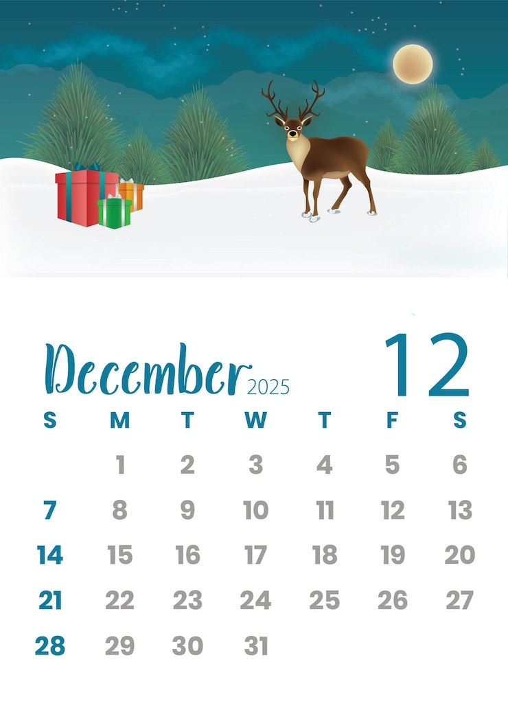 Vektor festlicher kalender für dezember 2025 mit weihnachtsthema und urlaubsfreude