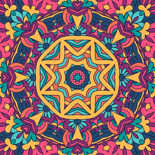 Festliches buntes Mandala-Kunstmuster. Geometrische Medaillon-Doodle Boho-Stil Ornamente. Aztekischer Hintergrund im psychedelischen Karneval