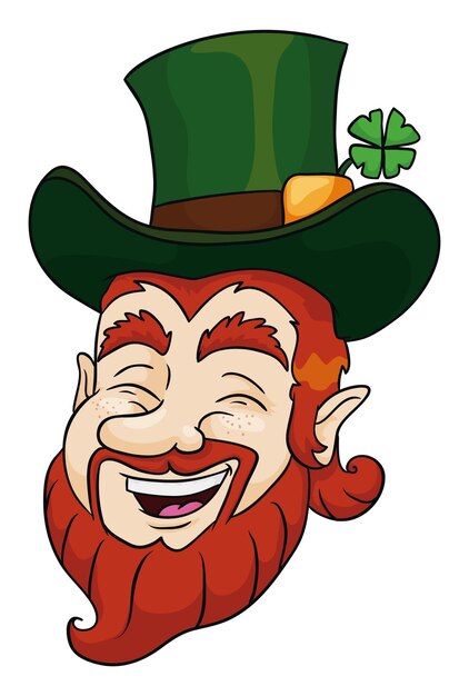 Vektor festliches leprechaun-gesicht mit grünem oberhut und kleeblatt im cartoon-stil auf weißem hintergrund