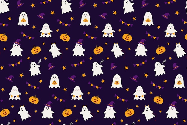 Festliches nahtloses Muster für Halloween mit niedlichen Geistern, Sternen und Kürbissen Musterdesign für Textilien, Verpackungspapierkarten Vektorillustration