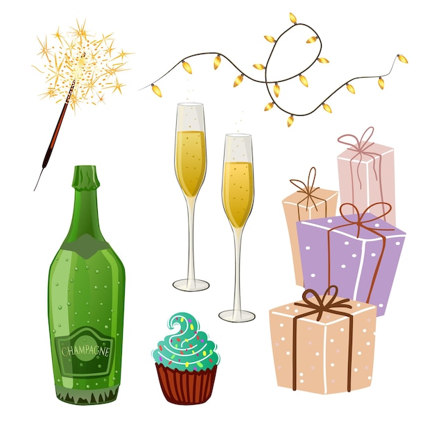 Vektor festliches set, eine flasche champagner, zwei gläser champagner, wunderkerzen und geschenke.