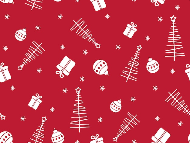 Festliches Weihnachtsmuster mit nahtlosem Muster weiße Silhouette von Xmas-Elementen auf rotem Hintergrund Winter