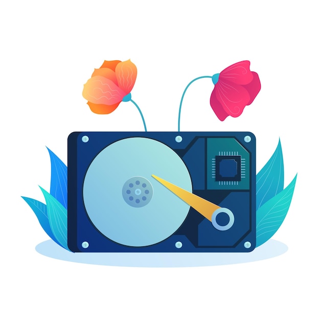 Festplattenlaufwerk im Cartoon-Stil Interner Festplattenmechanismus mit blühender Blumendekoration Computerelektronik und Hardwarekomponenten HDD-Gerätevektorillustration auf weißem Hintergrund