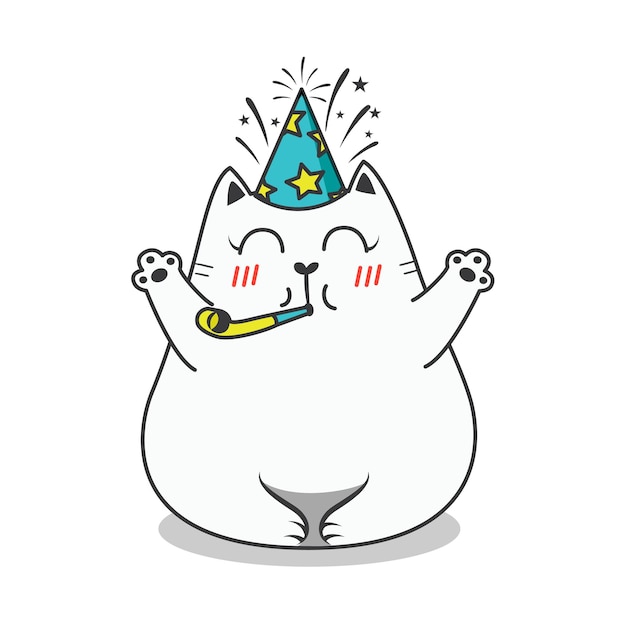 Fette katze geburtstagsparty. gekritzelillustration. vektorvorratillustration.