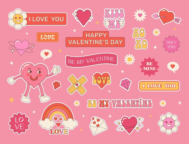 Fetzige liebessticker und vintage-aufnäher retro-valentinstag witzige charaktere im angesagten cartoonstyle