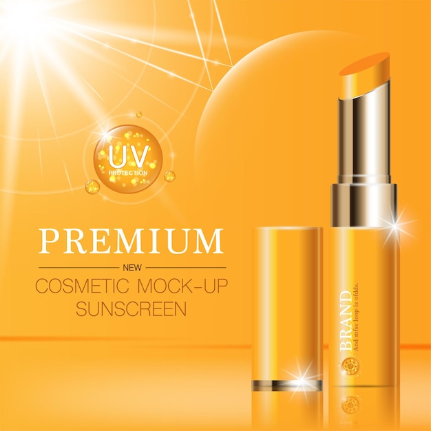 Feuchtigkeitsspendender Gesichtslippenstift für den Jahresverkauf oder Festivalverkauf. Orange und goldene Lippenstift-Maskenflasche.