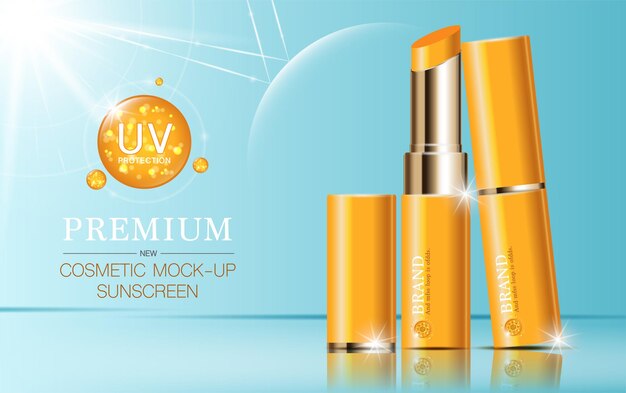 Feuchtigkeitsspendender Gesichtslippenstift für den Jahresverkauf oder Festivalverkauf. Orange und goldene Lippenstift-Maskenflasche.