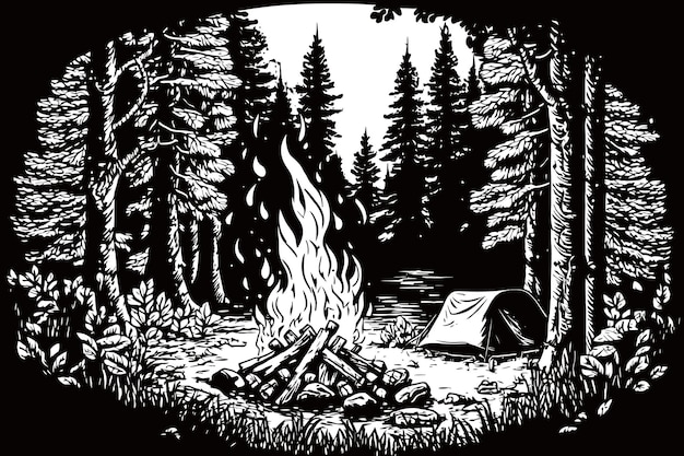 Feuer reisen natur camping zelt sommer illustration von reisen wandern und aktivitätsurlaub schwarze farbe im skizzenstil vektorillustration