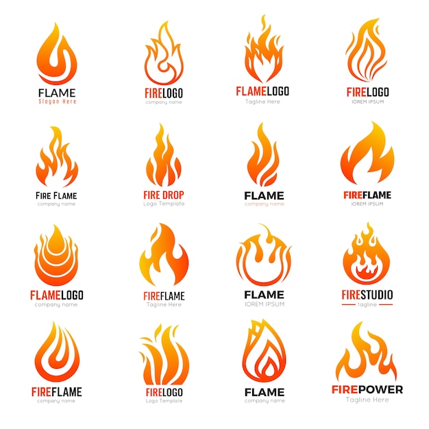 Vektor feuerlogo. brennende flamme heiße symbole sammlung geschäftsidentität. illustration feuer logo, heiße orange flamme