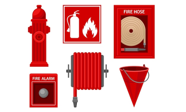 Feuerwehrgeräte vektor illustriertes set isoliert auf weißem hintergrund metall glänzende werkzeuge zum schutz konzept