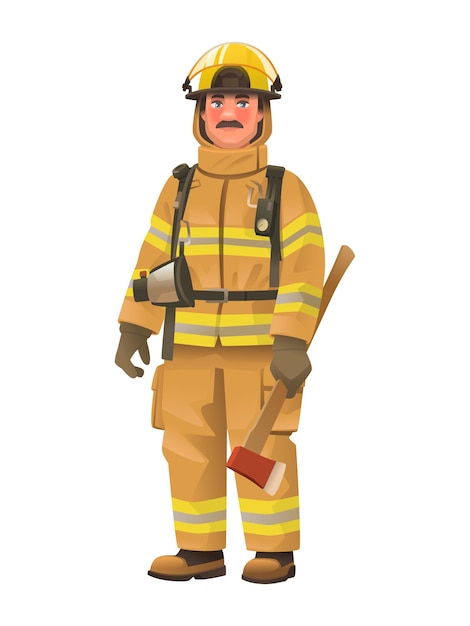 Feuerwehrmann in Schutzuniform und Helm mit Axt in der Hand Feuerwehrmann mit Ausrüstung