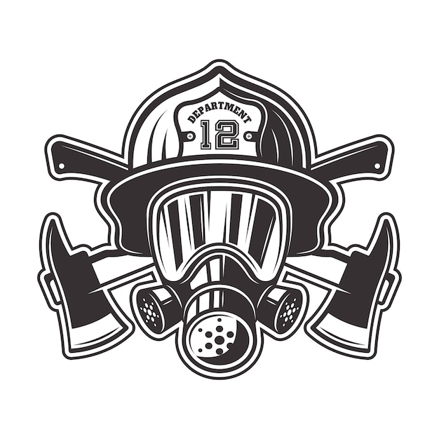 Feuerwehrmannkopf in helm, gasmaske und zwei gekreuzten achsenillustration in schwarzweiß auf weißem hintergrund