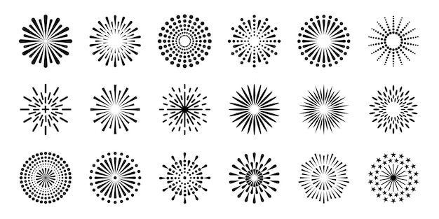 Feuerwerk-Ikonen Radial Feuerwerk Explosionen Feier Salut Diwali Weihnachten und Unabhängigkeitstag festliche Bursting Licht Elemente Vektor Silhouetten Set Bursting festliche Lichter isolierte Sammlung