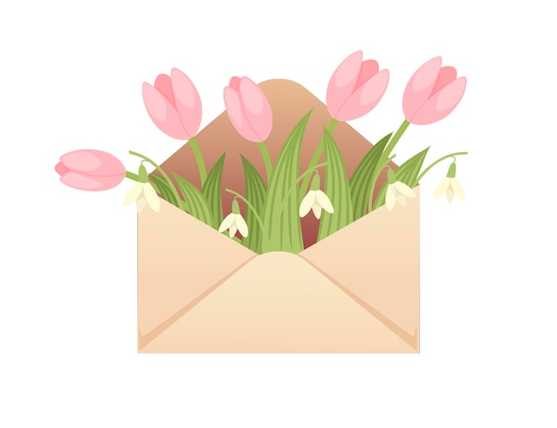Öffnen Sie umweltfreundlichen Papierumschlag mit Frühlingsblumen kreatives Design flache Vektorgrafik auf weißem Hintergrund.