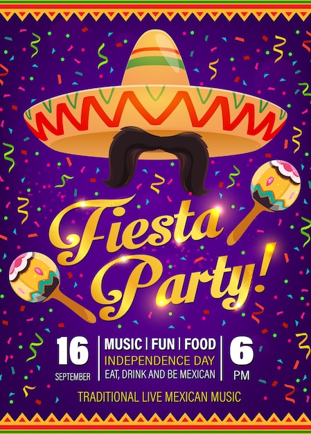 Vektor fiesta party flyer, mexikanische symbole sombrero, schnurrbärte mit maracas und bunte konfetti auf lila hintergrund mit traditionellem zickzackmuster. cinco de mayo feiertagsfeier-karikaturplakat